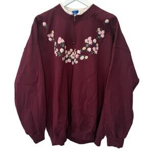 Vintage PFI Grandma Collared Sweatshirt Size 2XL Maroon Red Puff Floral 1/4 Zip